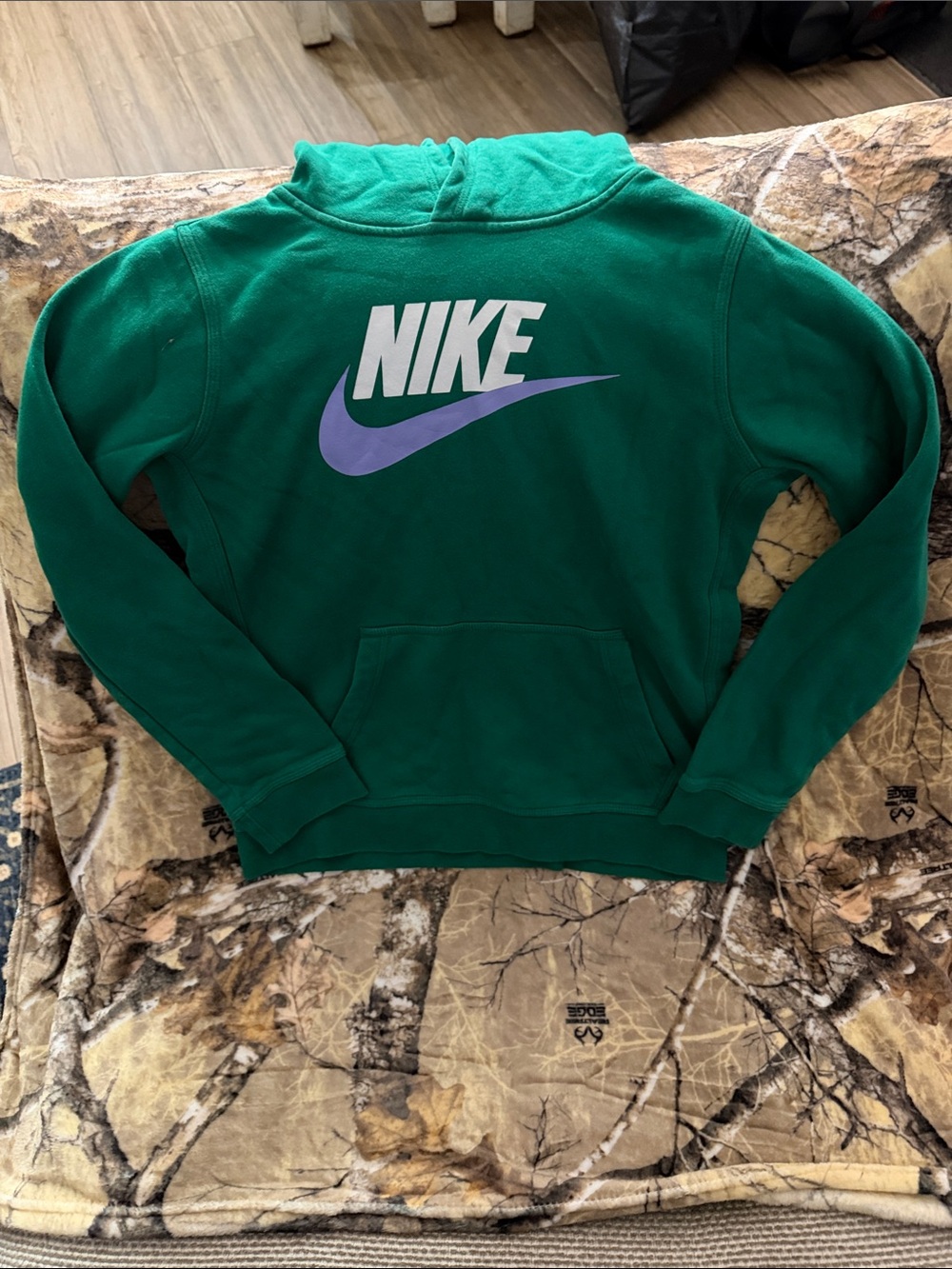 Nike Kids' Green Hoodie with Purple Swoosh